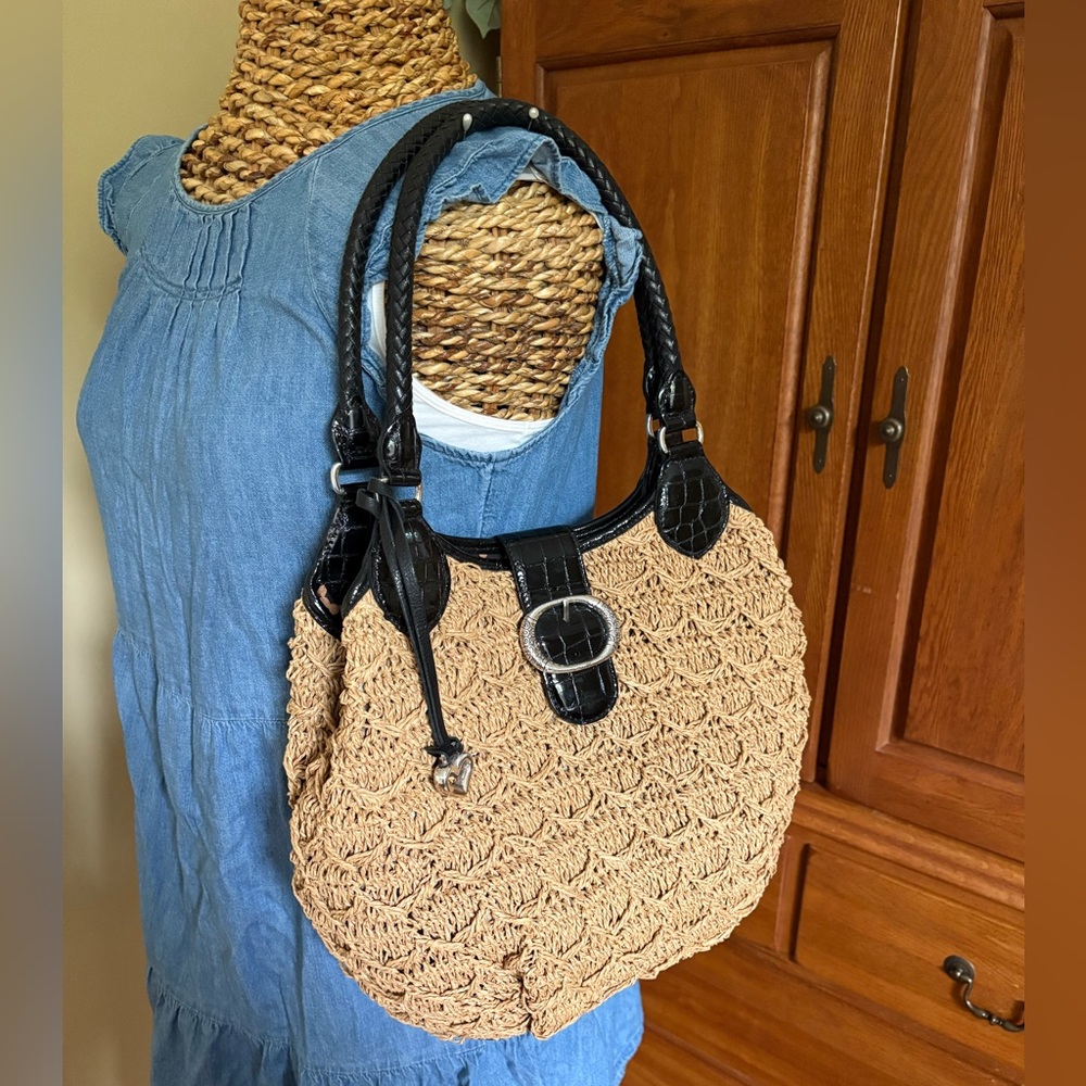 Brighton straw tote purse black leather
